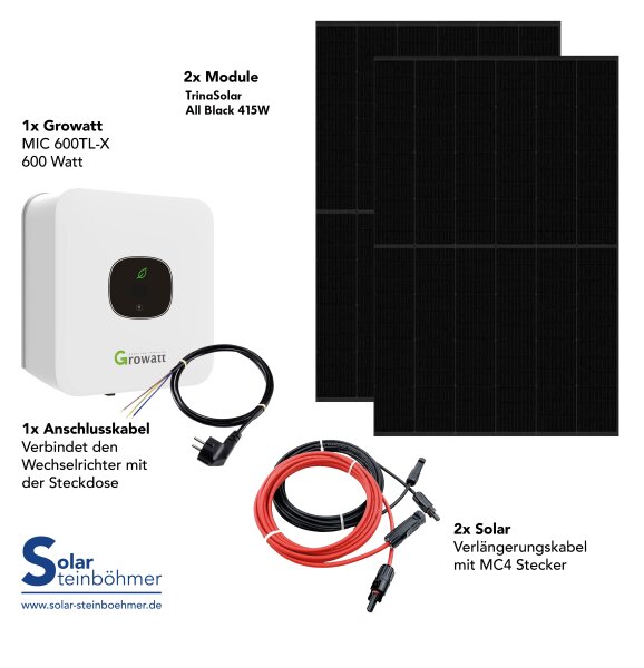Balkonkraftwerk 830 Watt Growatt MIC600 TL-X + 2 Trina Solar 445W Bifazial  + Zubehör
